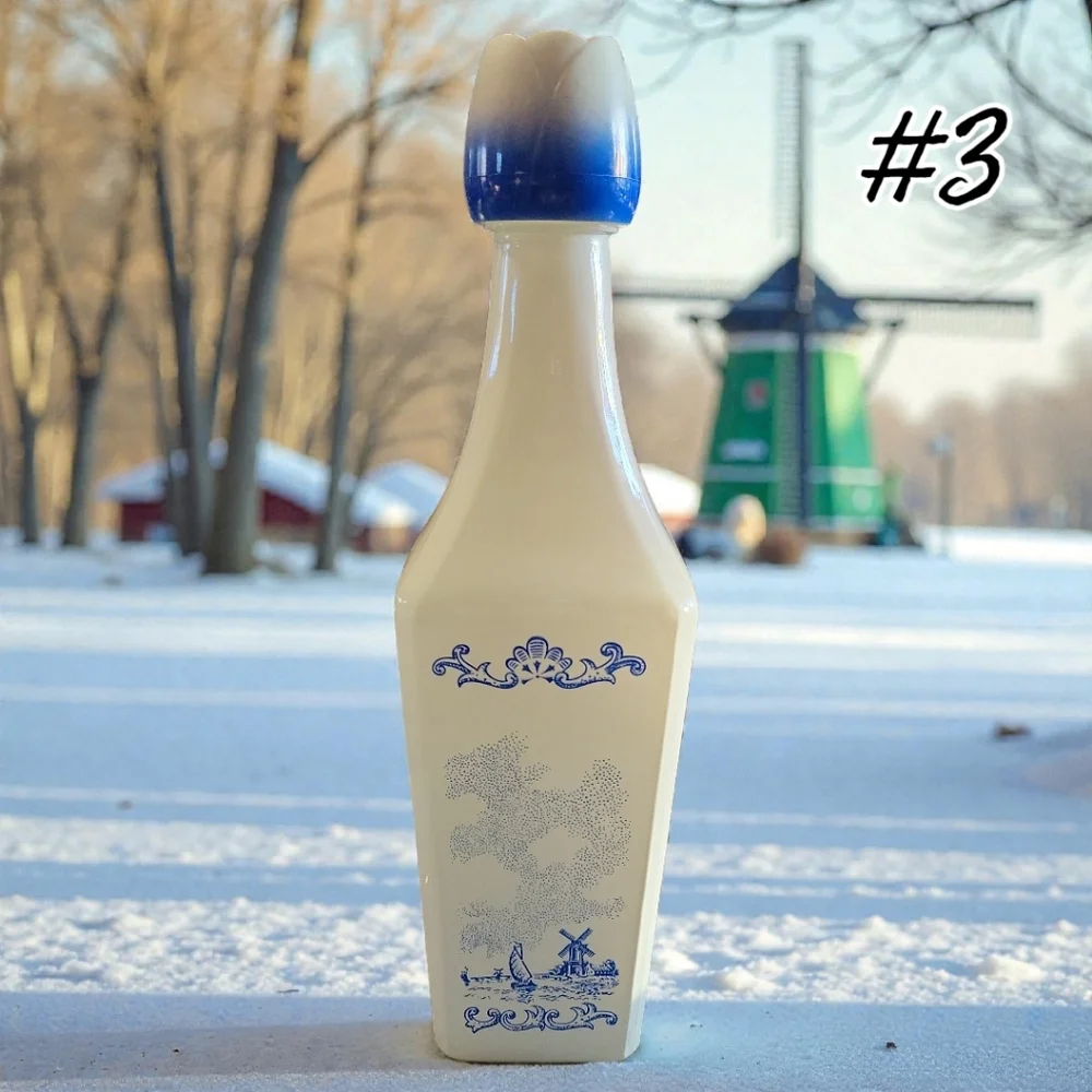 Vtg 60's Vandermint Milk Glass Liquor Bottle Delft Blue Windmills 9.5